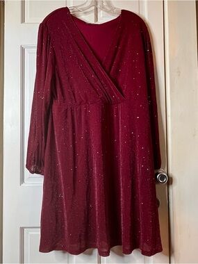 SHEIN Burgundy Sparkle Faux-Wrap Long Sleeve Dress